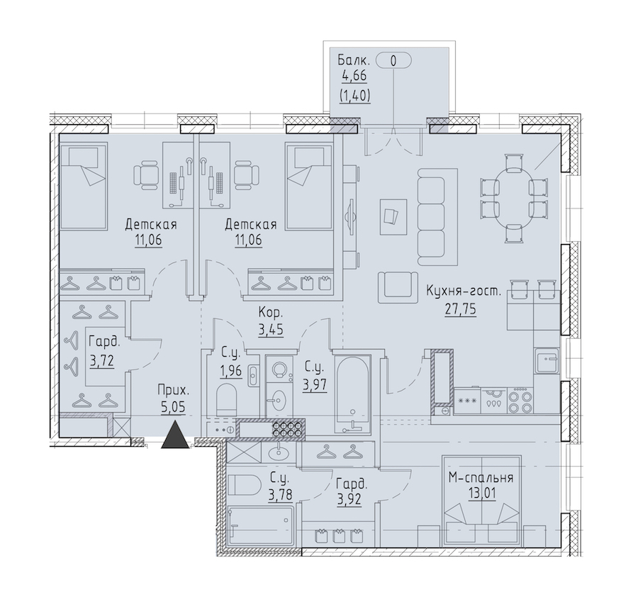 3-комнатная квартира 88.73 м², 7/9 эт., ЖК «LEGENDA Чёрная речка 41»